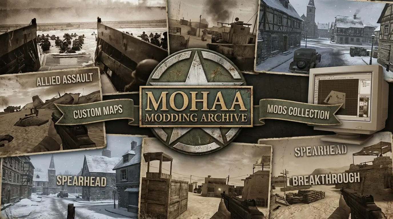 Medal of Honor Allied Assault battlefield scene representing the MOH-DB community mod and map archive